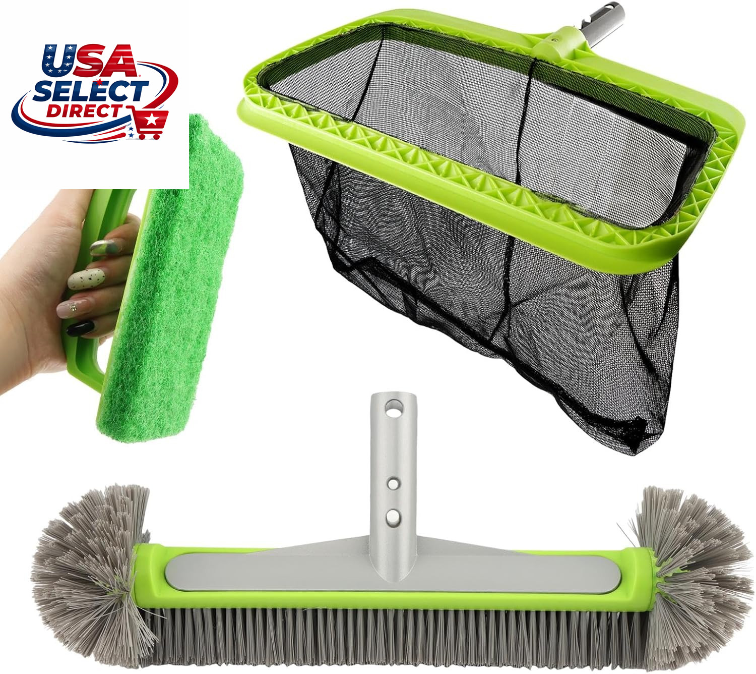 Swimming Pool Cleaning Kit with Leaf Skimmer, Brush, and Net