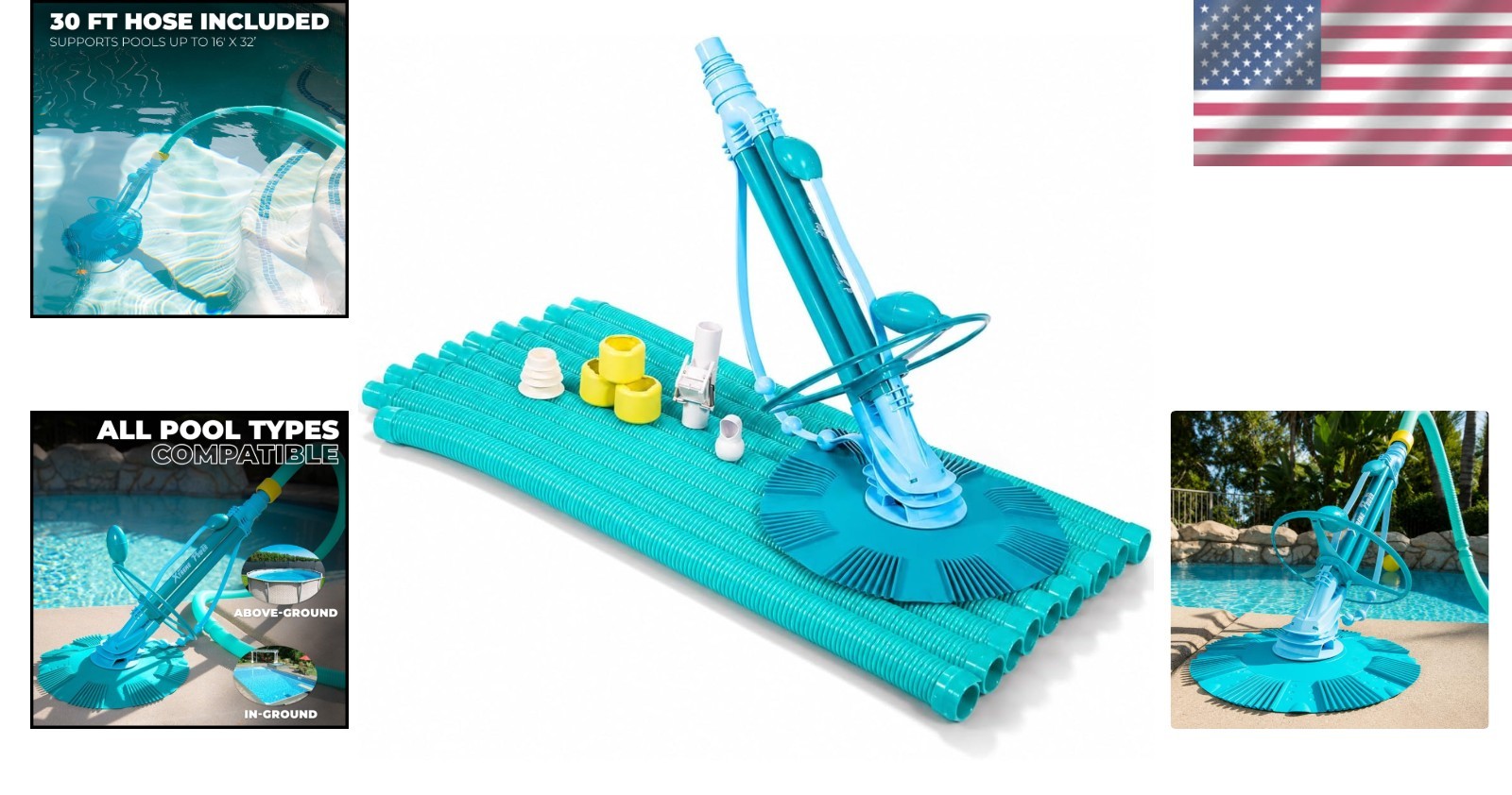 Hydraulic-Powered Pool Vacuum with 30ft Hoses – Lightweight & Quiet Cleaning