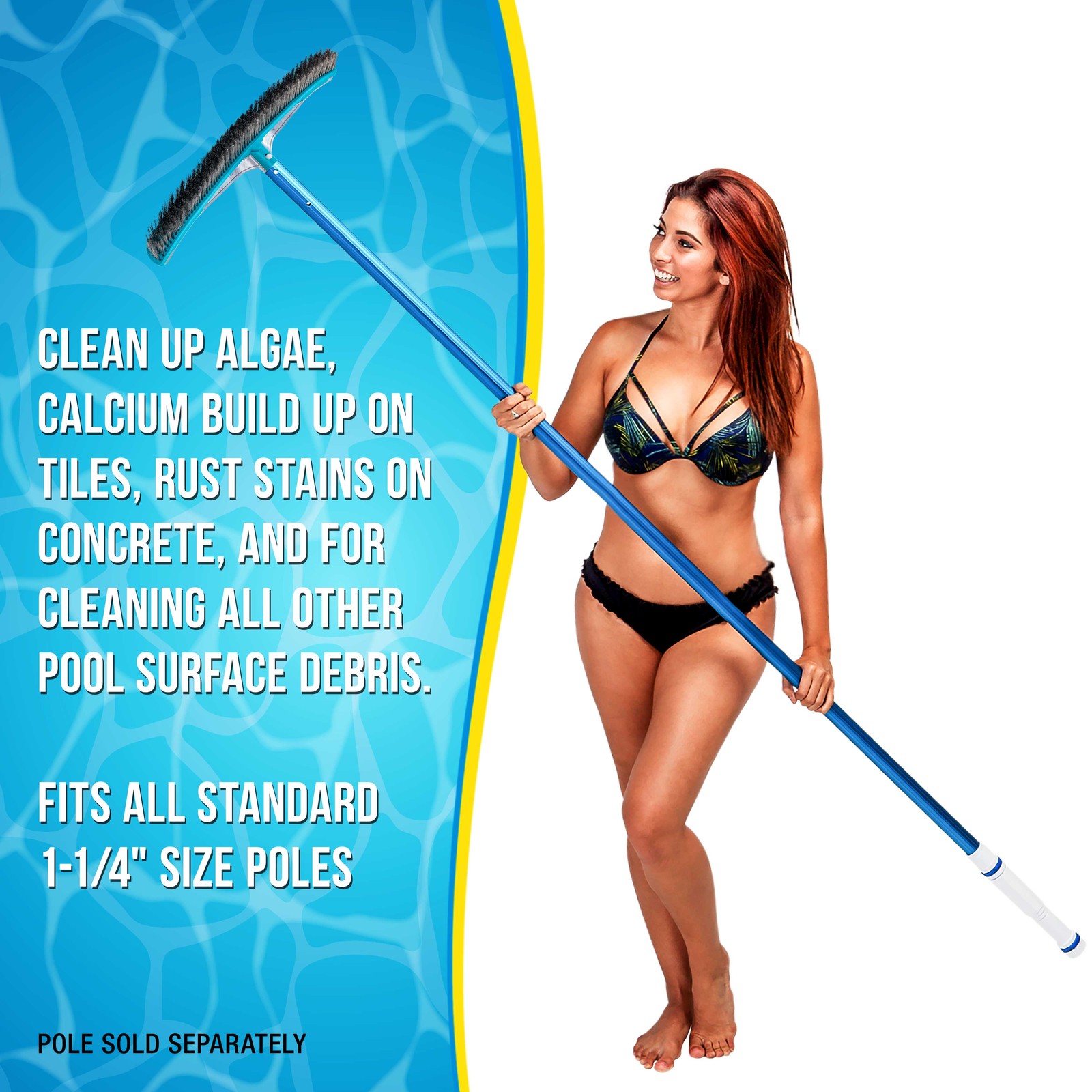 18&Prime; Stainless Steel Pool Brush with Aluminum Handle, EZ Clips – Durable Bristles