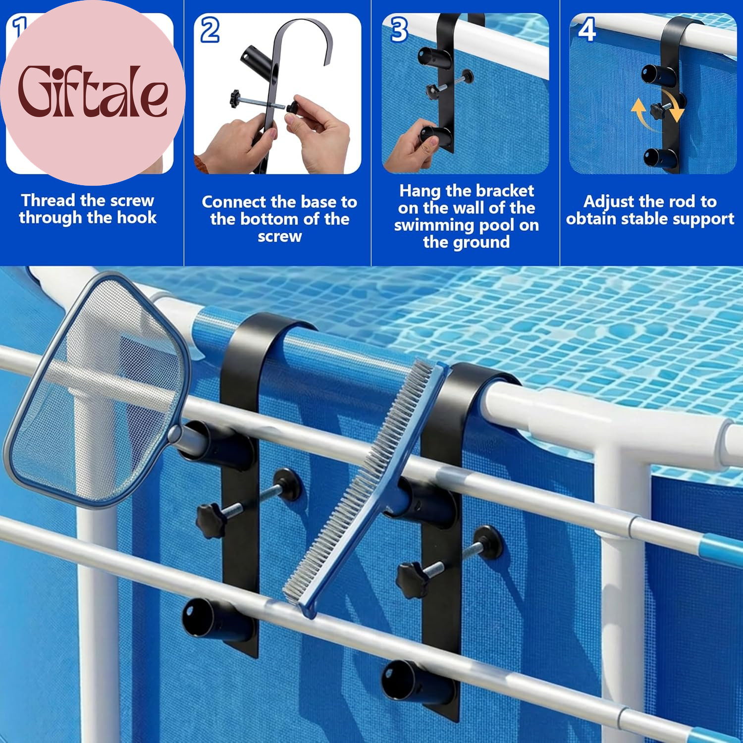 2 Pcs Poolside Pool Leaf Skimmer Net Holder, Adjustable above Ground Pools Hooks