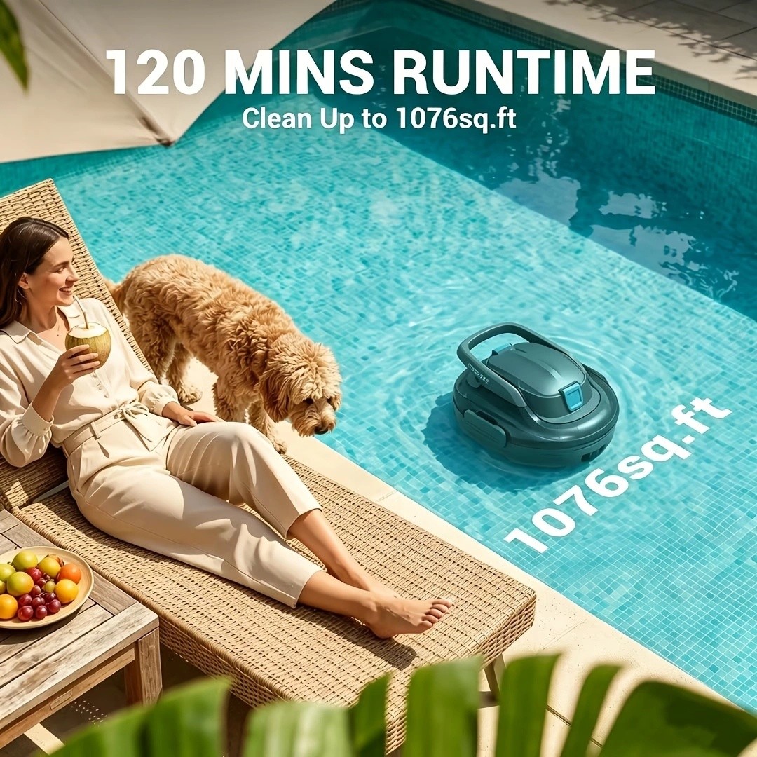 Deli Steelite Cordless Robotic Pool Cleaner Vacuum with Dual Filter Self-Parking