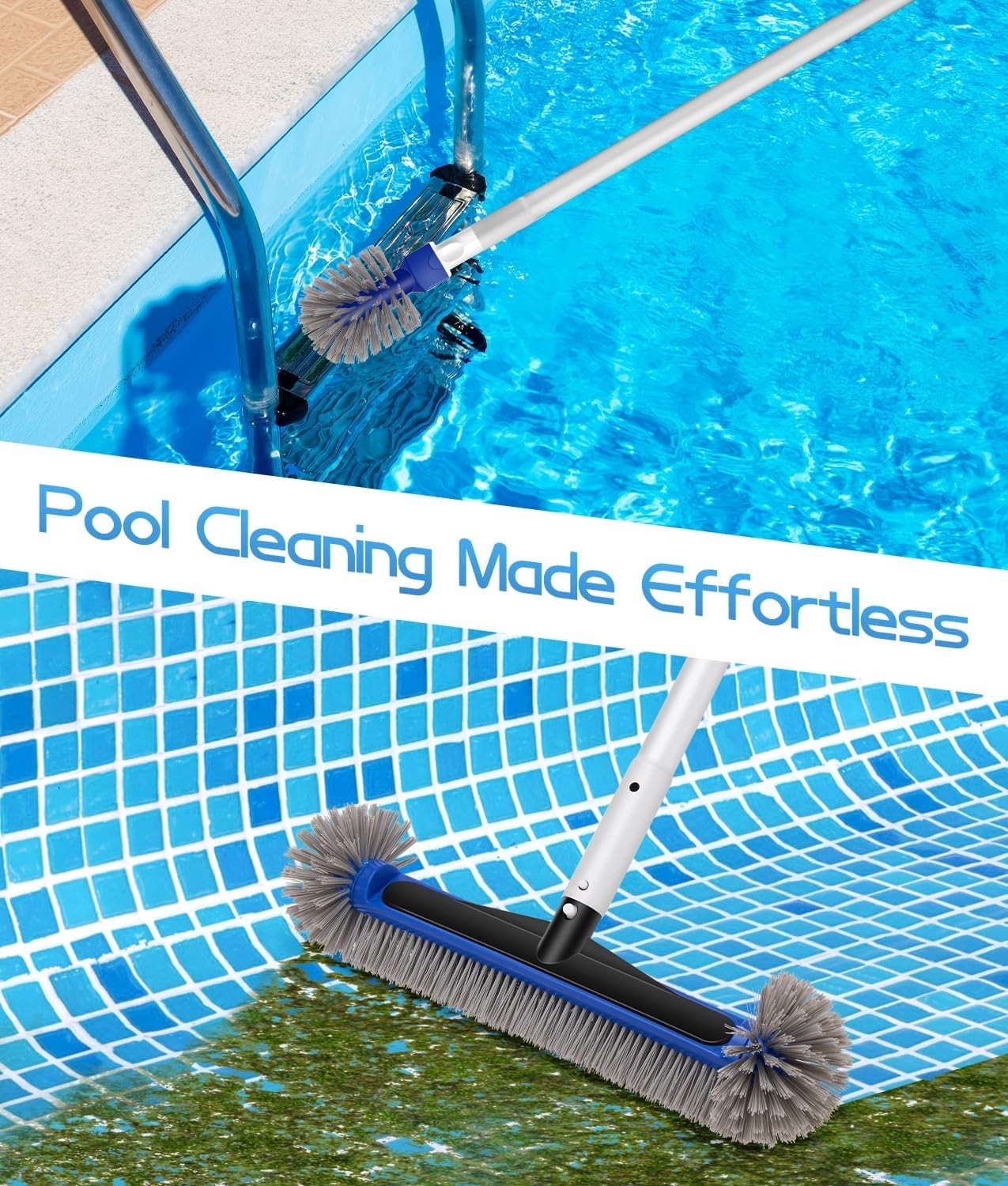 17.4 » Pool Brush Head with Aluminum Handle for Walls, Steps, Corners
