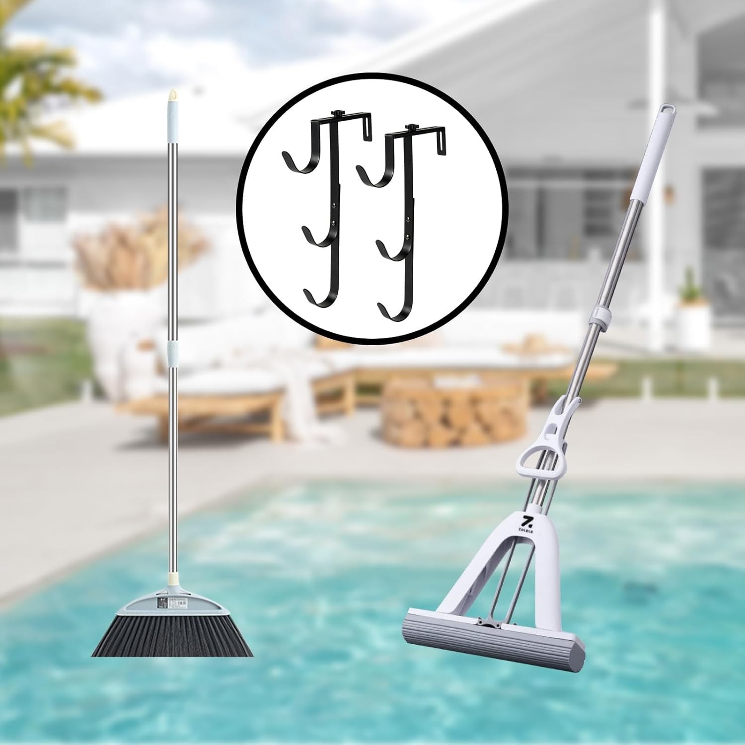 2Pcs Black Pool Pole Hangers, Adjustable Heavy Duty Swimming Pool Fence Hooks