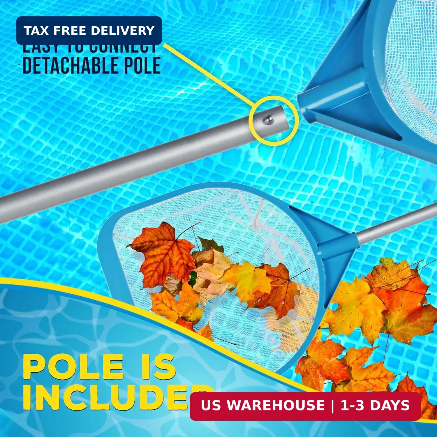 U.S. Pool Supply Pool and Spa Skimmer Net with Pole, 30&Prime; Long Handheld Fine Mesh