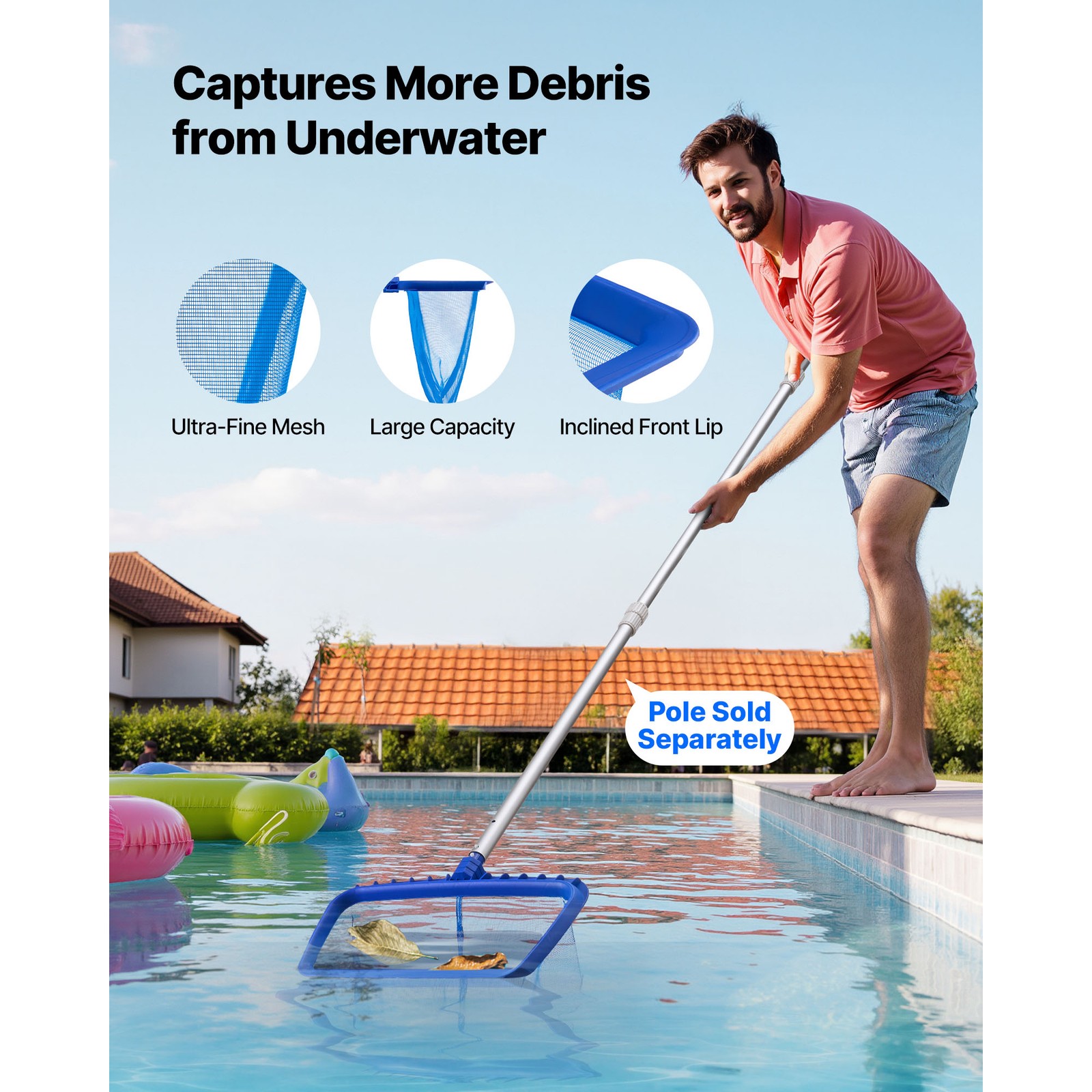 Uimoso Swimming Pool Cleaning Set with Skimmer Net, Rake, and Brush Attachments