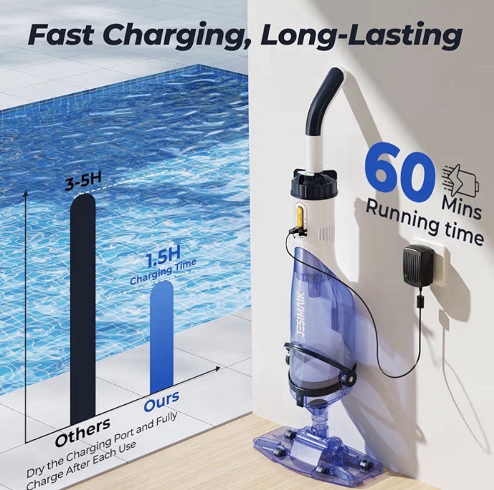 Pool Vacuum 18.5 GPM Powerful Suction – Handheld, Telescopic Pole, Cordless