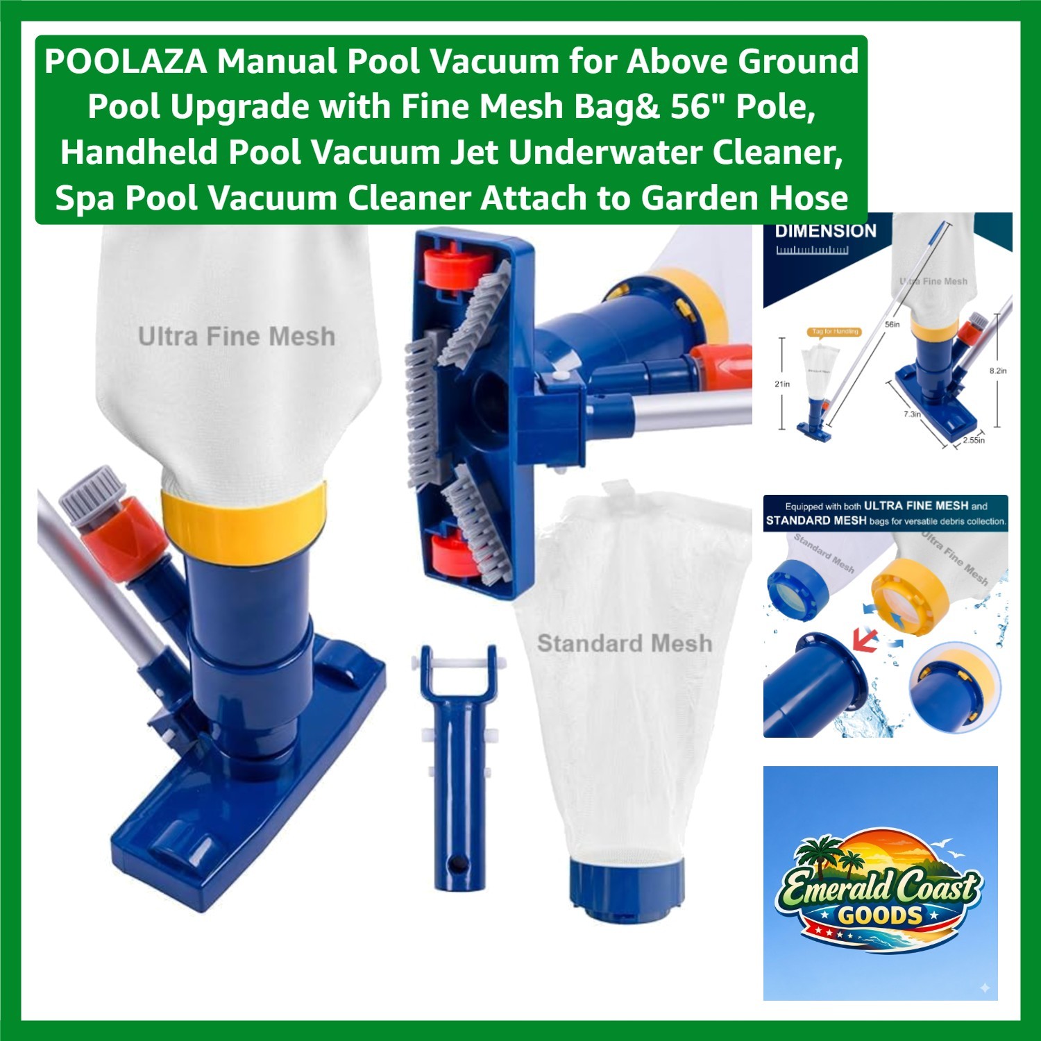 Manual Pool Vacuum with 56&Prime; Aluminum Pole & Fine Mesh Bag – Effortless Cleaning!