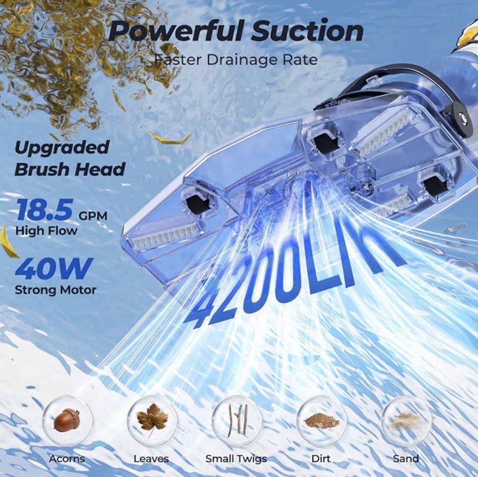 Pool Vacuum 18.5 GPM Powerful Suction – Handheld, Telescopic Pole, Cordless