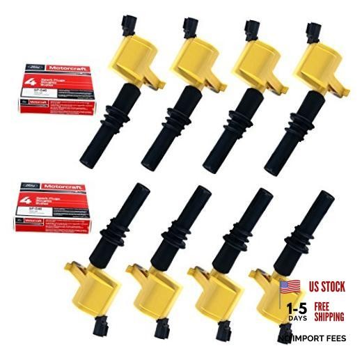 Set of 8 Yellow Straight Boot Ignition Coils Pack DG511 & Motorcraft Platinum