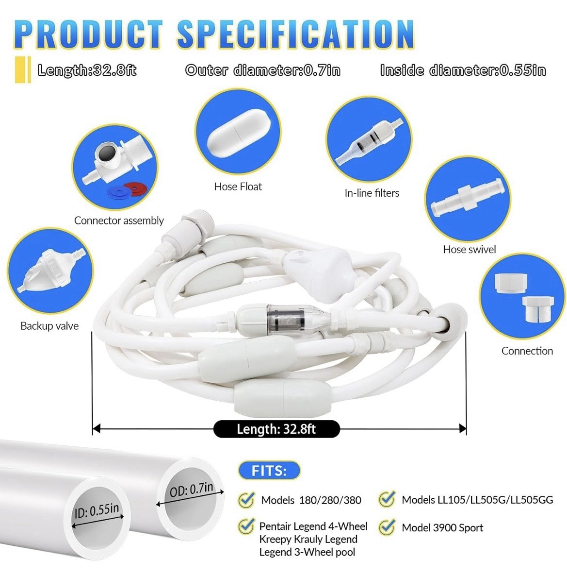 Pool Cleaner Hose Extension Kit, Backup Valve, Filters, Fits LL105, 3900 Sport