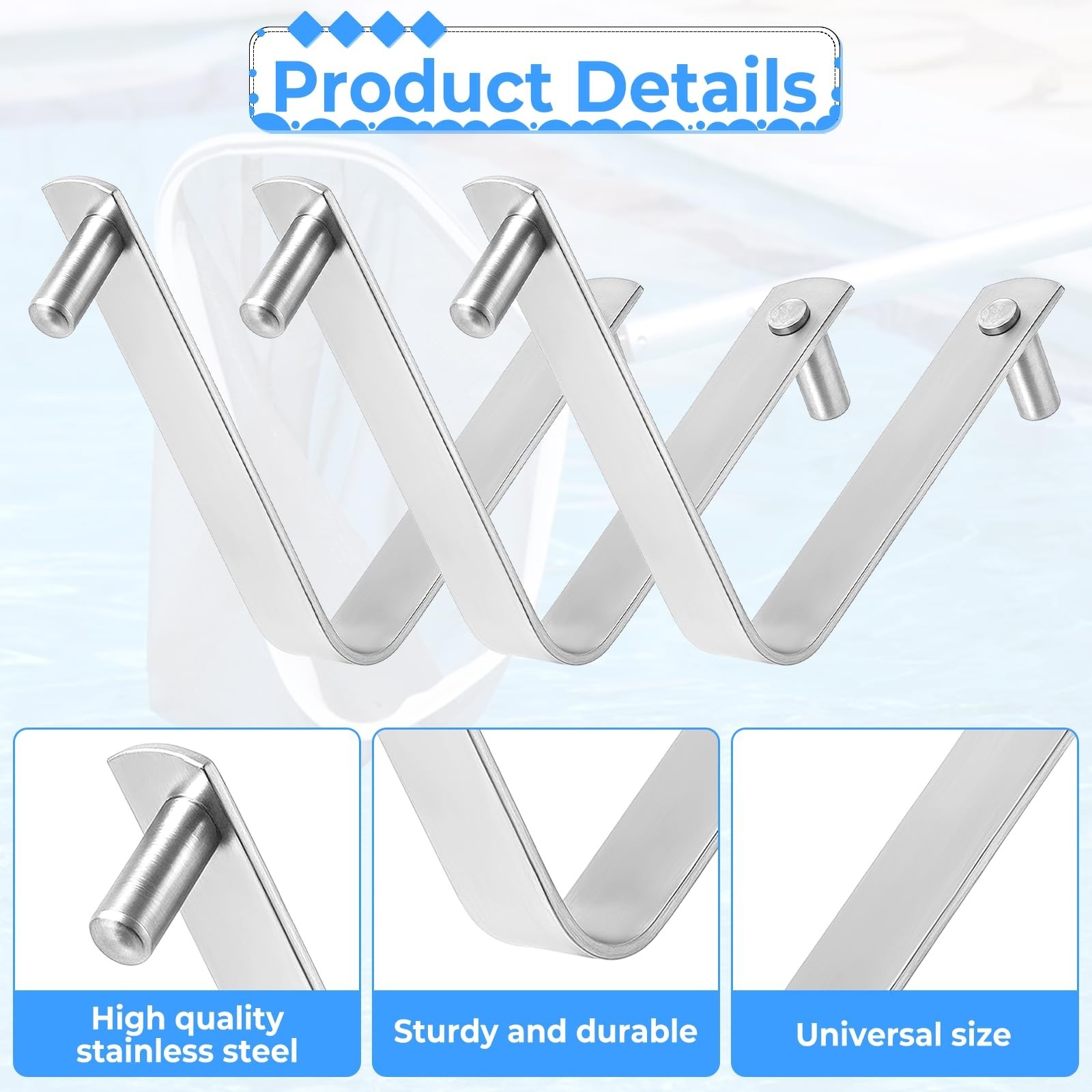 3 Pcs Pool Pole Clips Stainless Steel V Clips Pool Brush Clip Pool Hooks for Po