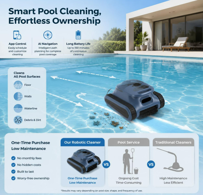 Cordless Robotic Pool Cleaner App Control 240Min Wall Climbing Pool Vacuum