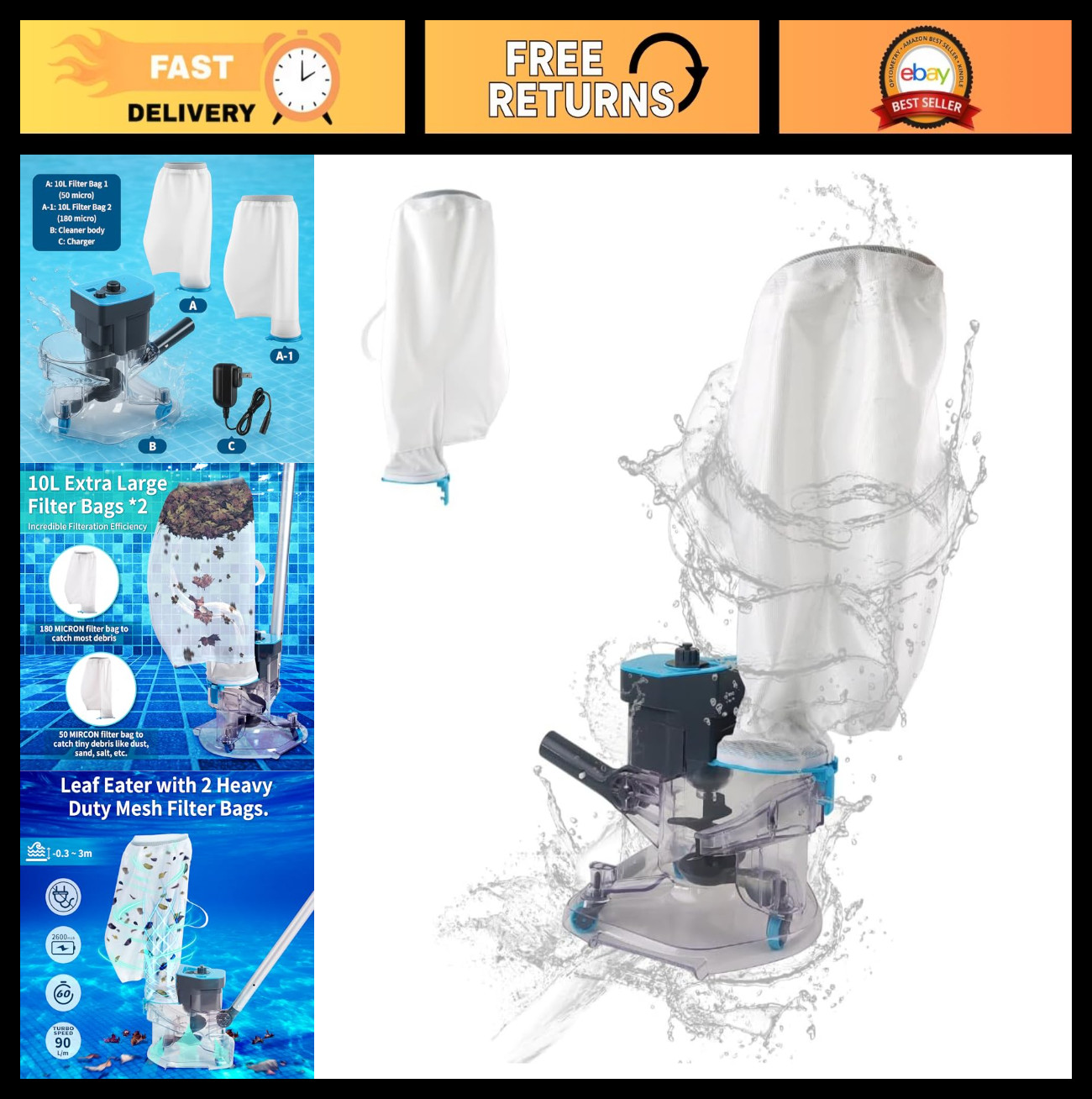 Cordless Pool Leaf Vacuum Cleaner – Dual Filter Bags, 24GPM Suction for Easy Deb
