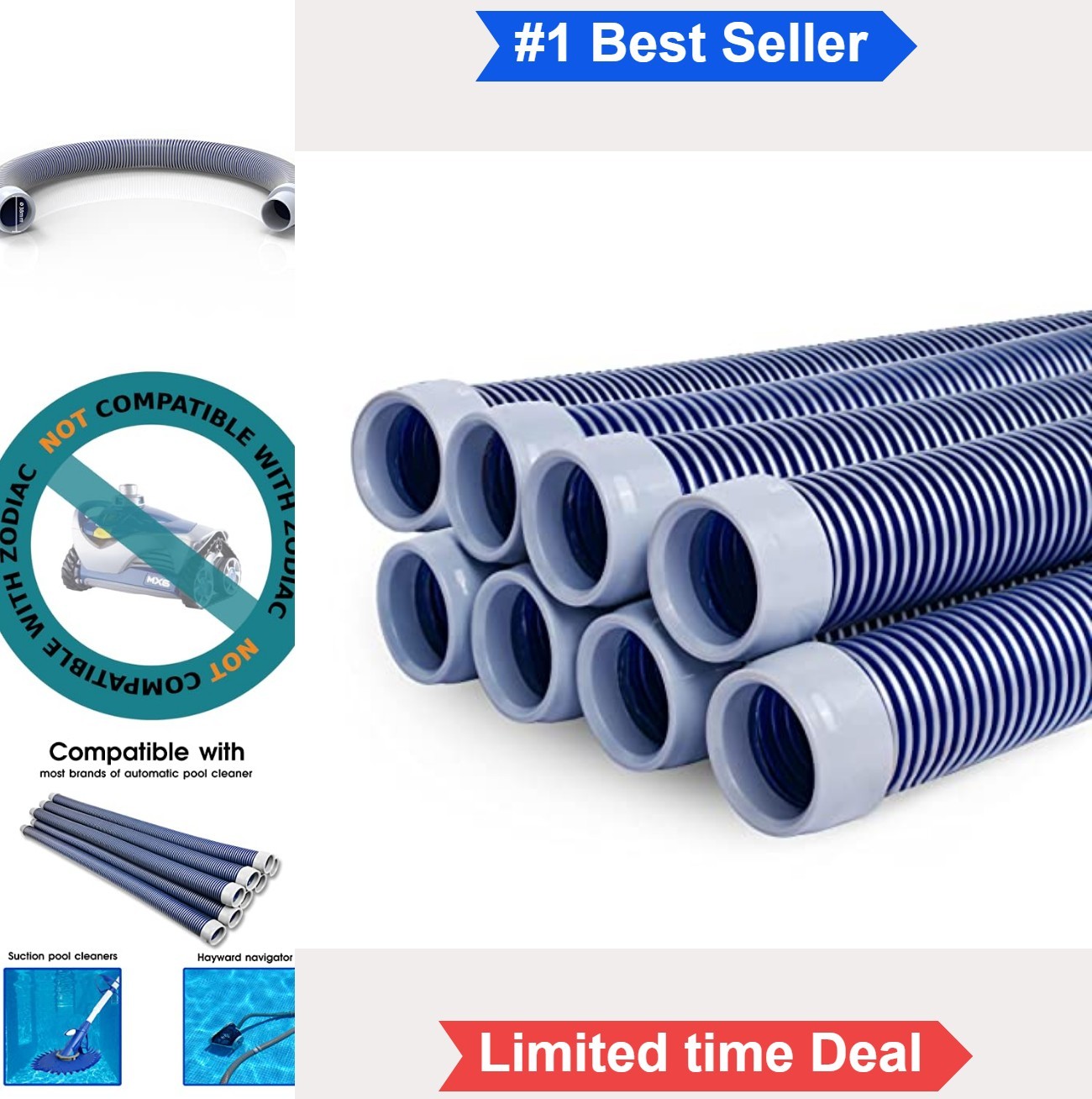Pool Vacuum Hose 1.5 Inch 24 Feet 8 Piece Automatic Cleaner Replacement