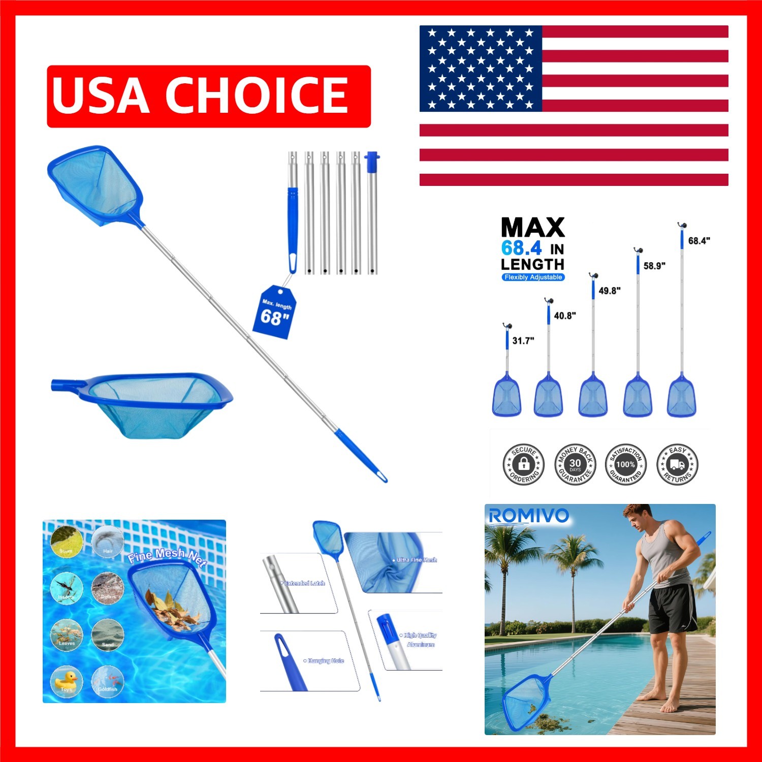 Professional-Grade Pool Skimmer Net – 2.6-5.7 ft Telescopic Pole for All Pools
