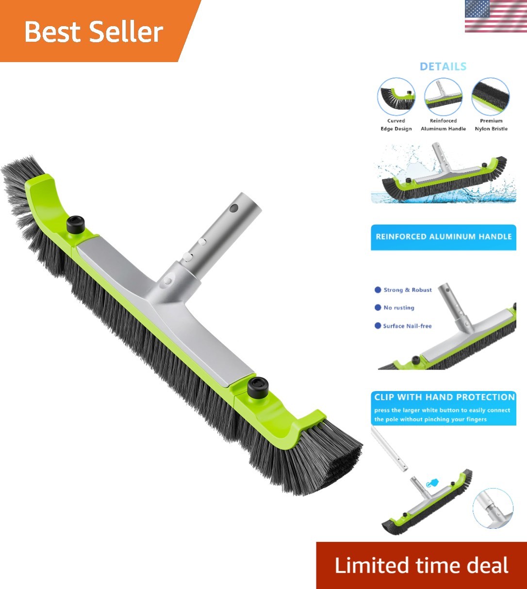 Effortless 20&Prime; Pool Cleaning Brush with Curved Edge – Hand Protection Feature