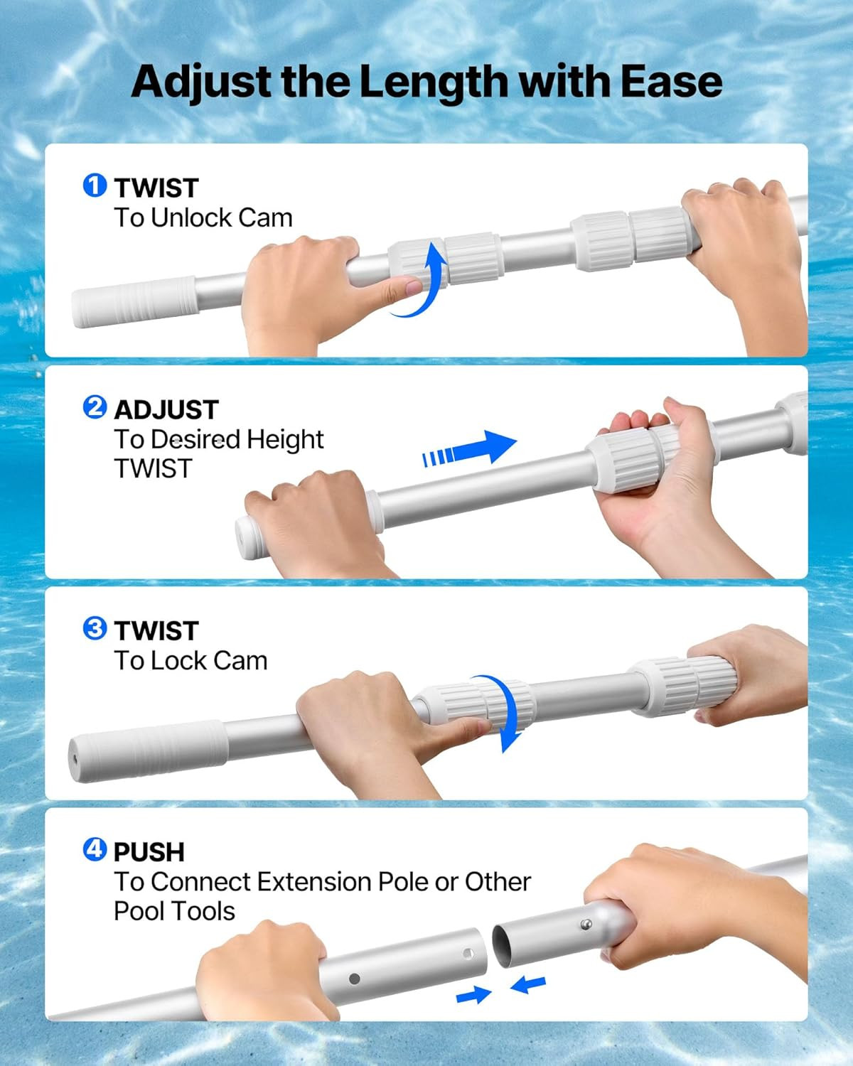 Pool Pole, 3.4 to 15 Ft Telescoping Swimming Pool Cleaning Poles, Professional A