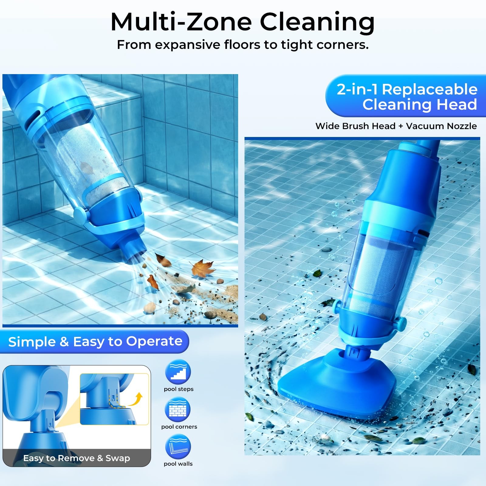 Cordless Pool Vacuum for Inground & Above Ground Pools: Ocean Blue(23.8 GPM)