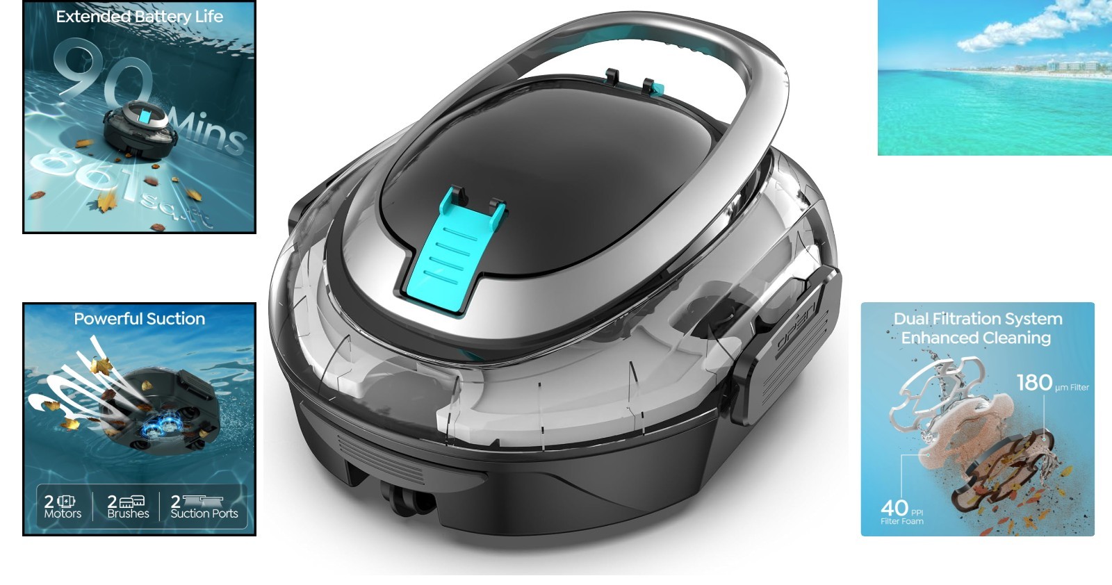 Lightweight Robotic Pool Vacuum with 90-Minute Runtime – Glossy Black Design