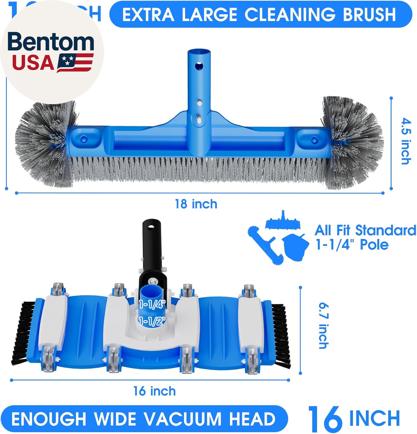 3-In-1 Pool Cleaning Kit Full Set – 18In Rounded End Pool Brush & Ergonomic Pool
