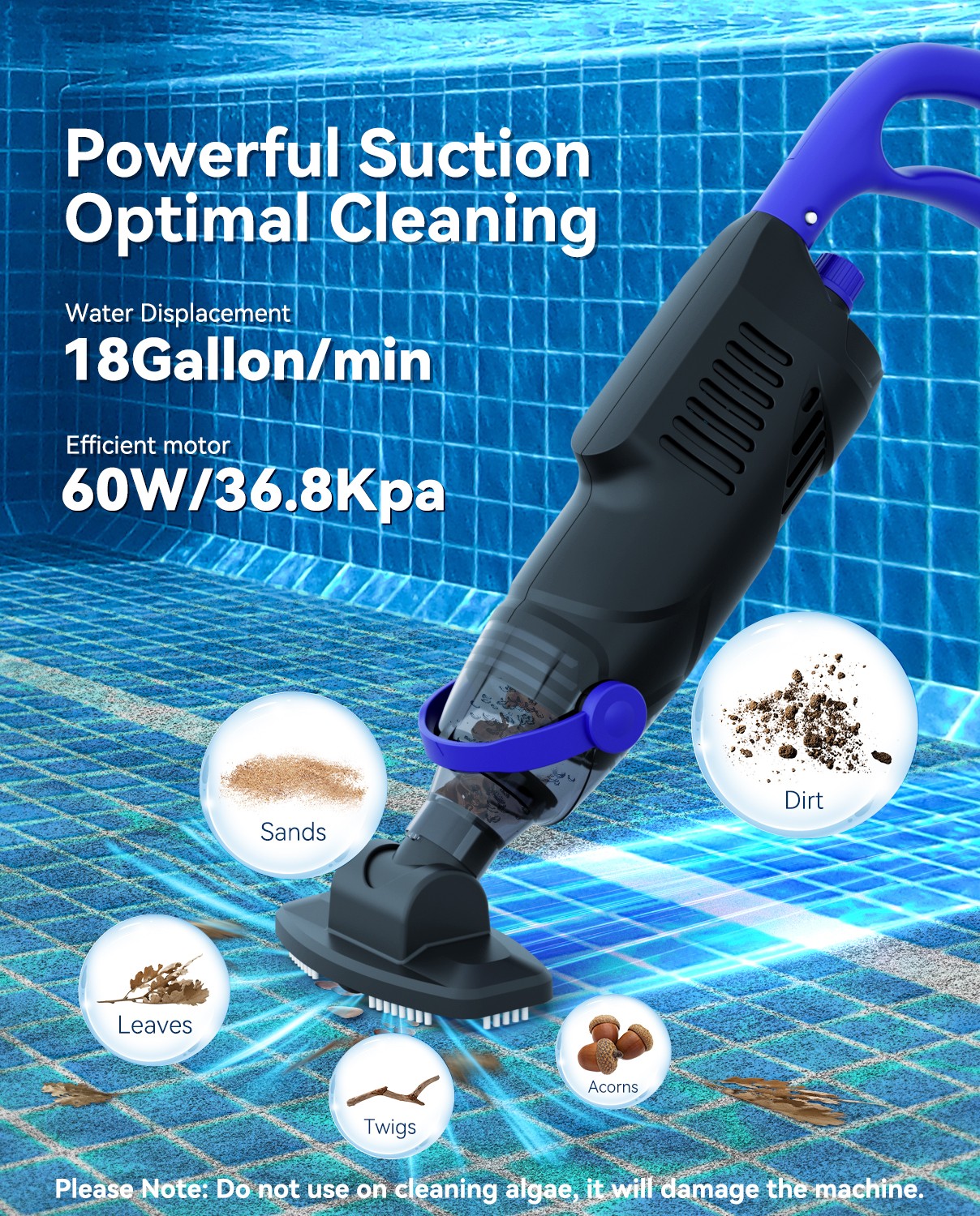 Nichro Cordless Pool Vacuum Cleaner, 60W Suction, Handheld with 63-Inch Pole, 18