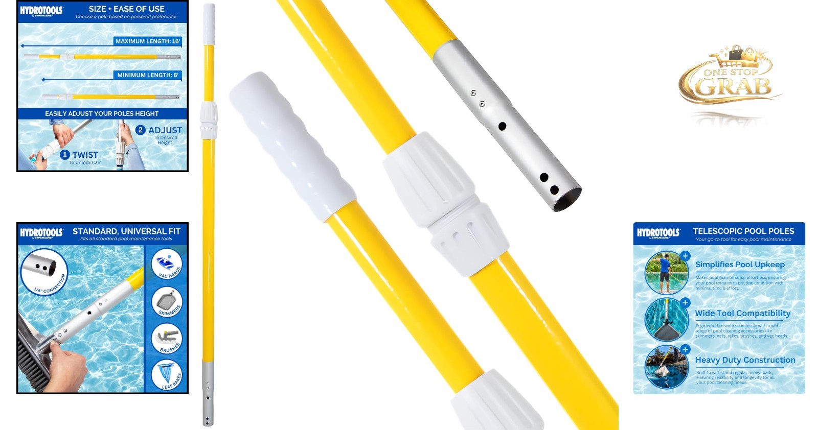 HydroTools Fiberglass Telescopic Pool Pole 8-16ft Adjustable for Skimming & C…