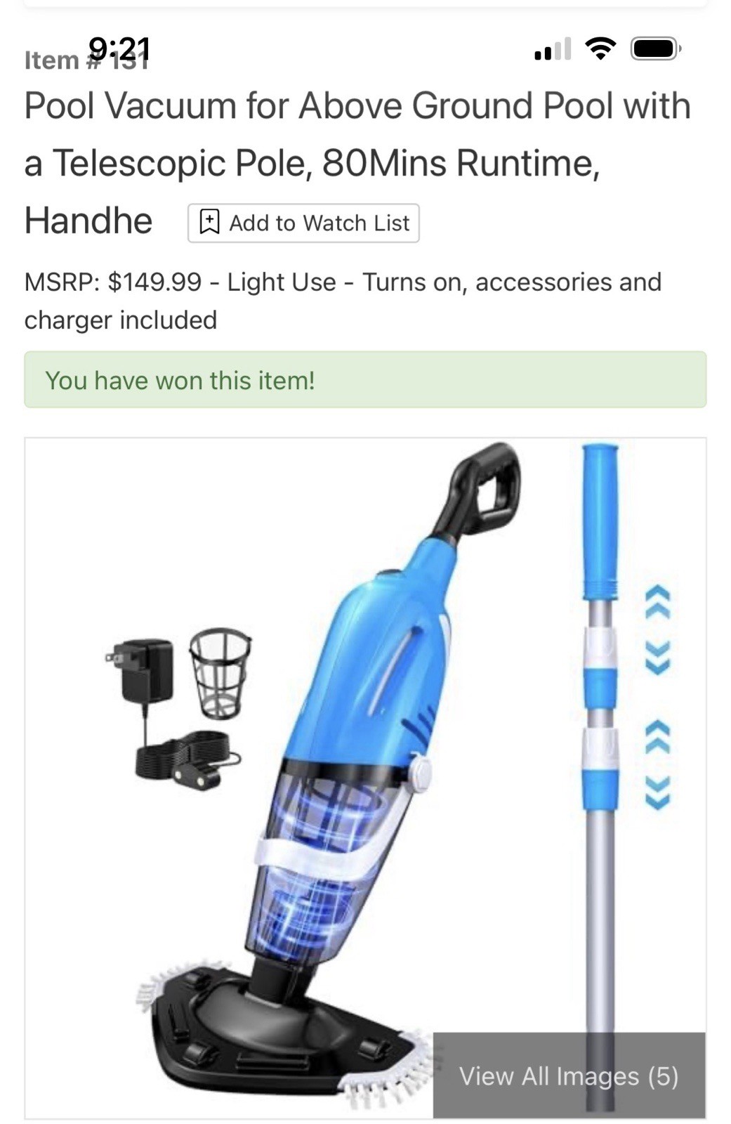 Pool Vacuum Handheld Rechargeable Telescopic Pole 80min 18.5GPM Above/Inground