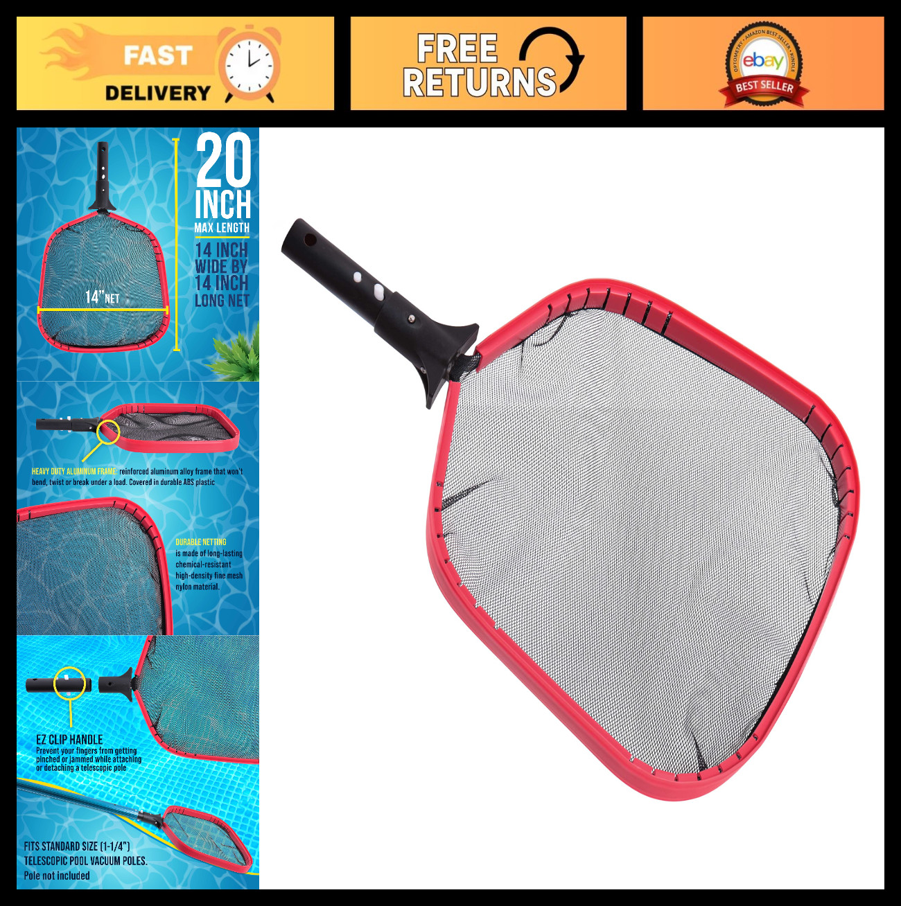 Heavy Duty Large Swimming Pool Leaf Skimmer Net – Aluminum Frame for Fast Cleani