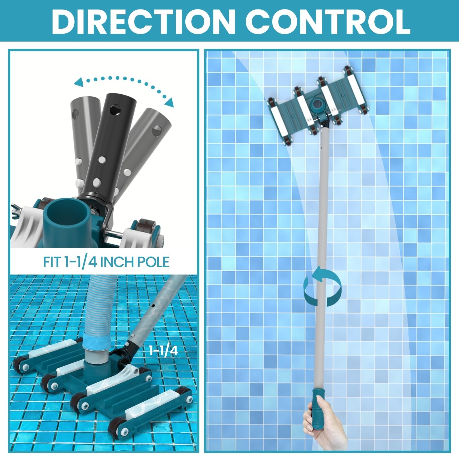 POOLWHALE 14&Prime; Flexible Pool Vacuum Head with Wheels, Flexible, Turquoise