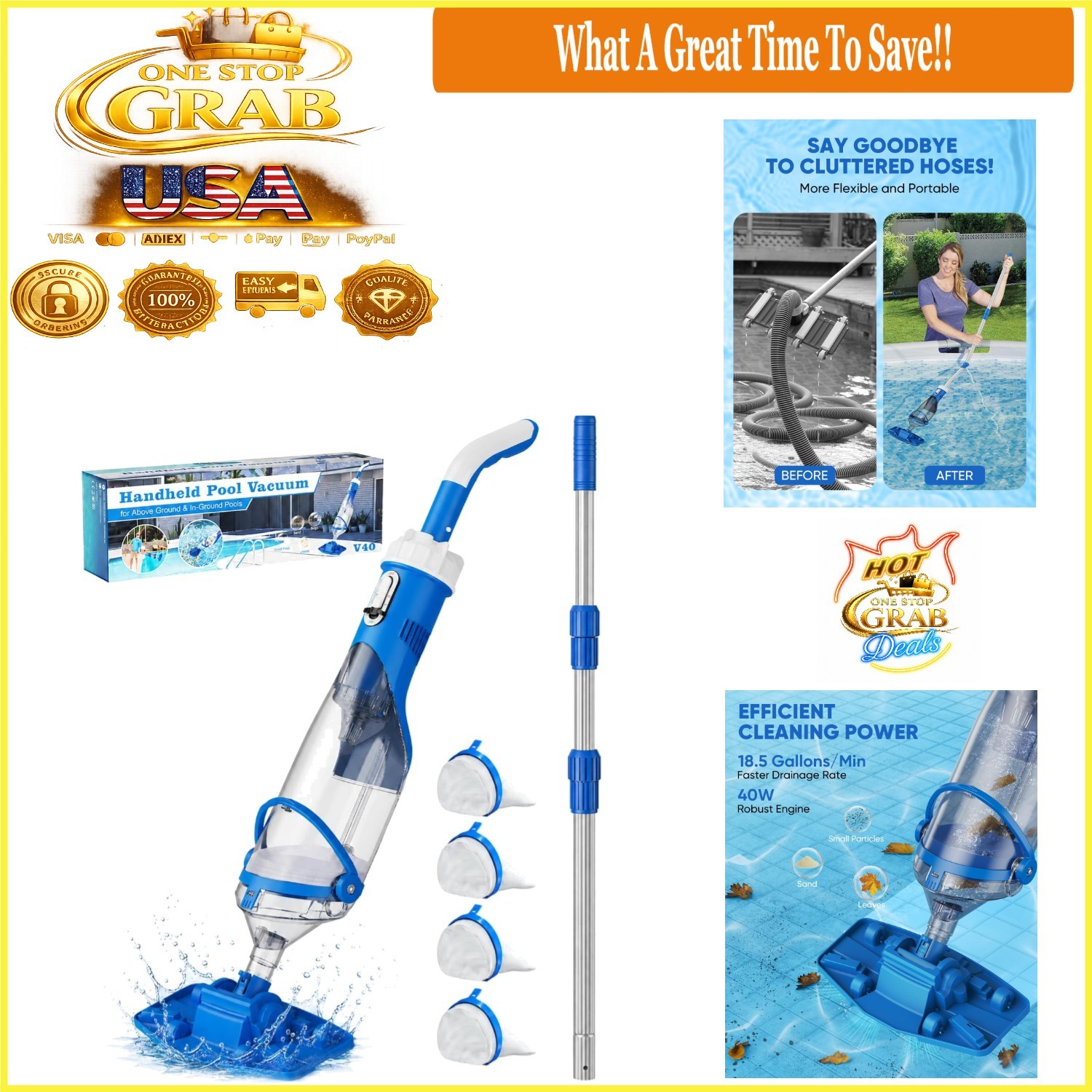 Blue Cordless Pool Vacuum Cleaner with Telescopic Pole 18.5 GPM Powerful Suction