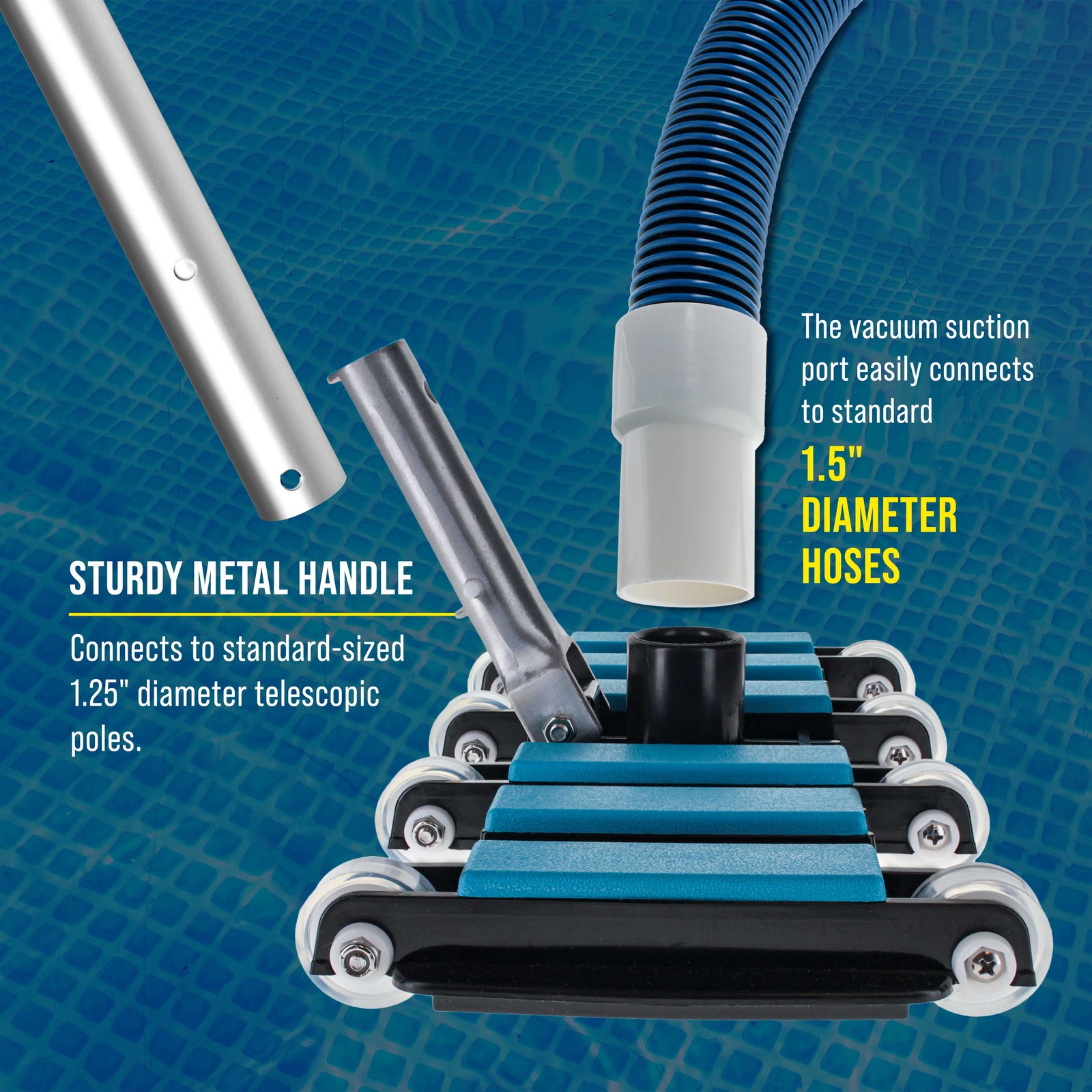 Manual Pool Vacuum Head for Inground Pools, Extra-Wide, Weighted – 1.5&Prime; Hose