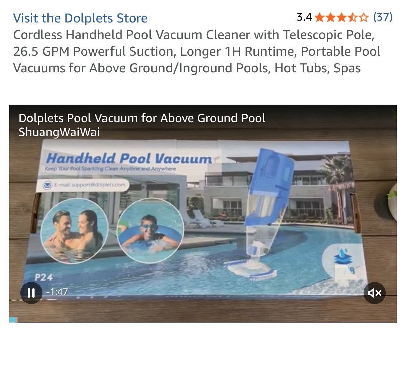 Cordless Handheld Pool Vacuum Cleaner with Telescopic Pole, 26.5 GPM Powerful Su