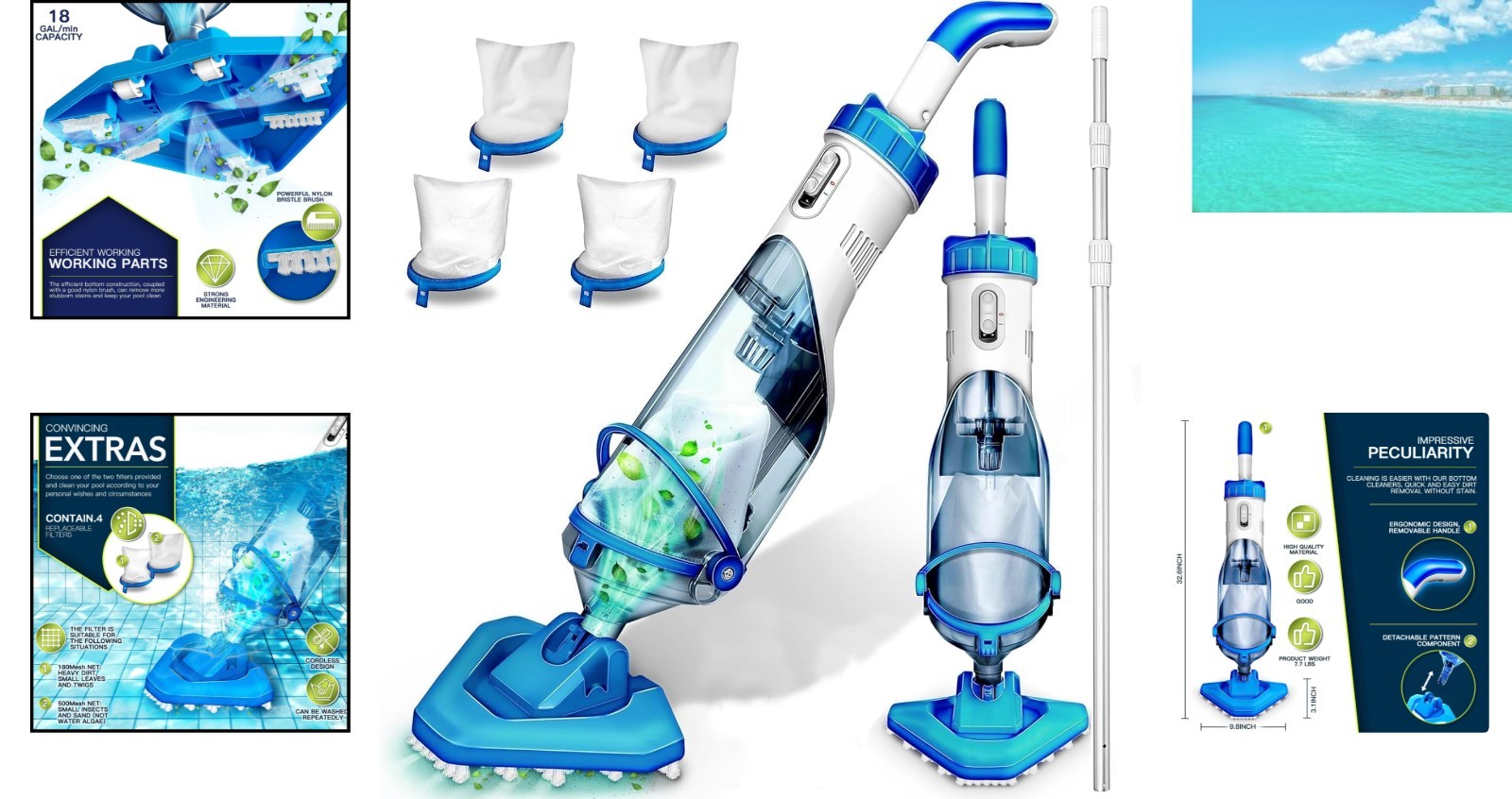 Lightweight Cordless Pool Vacuum with Telescopic Pole – Effortless Cleaning