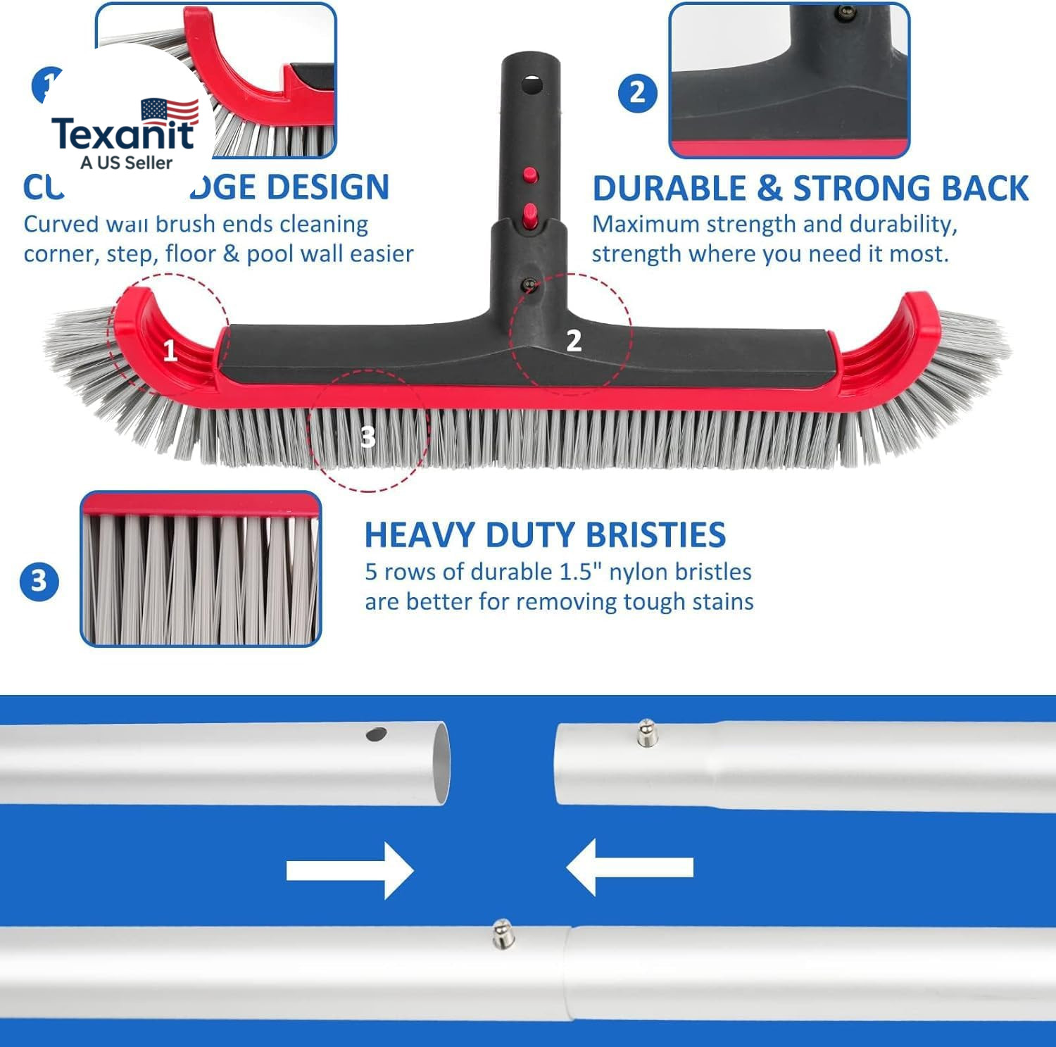 Swimming Pool Brush with Pole – 17.5&Prime; Wall Brush with 10FT Adjustable Aluminum P
