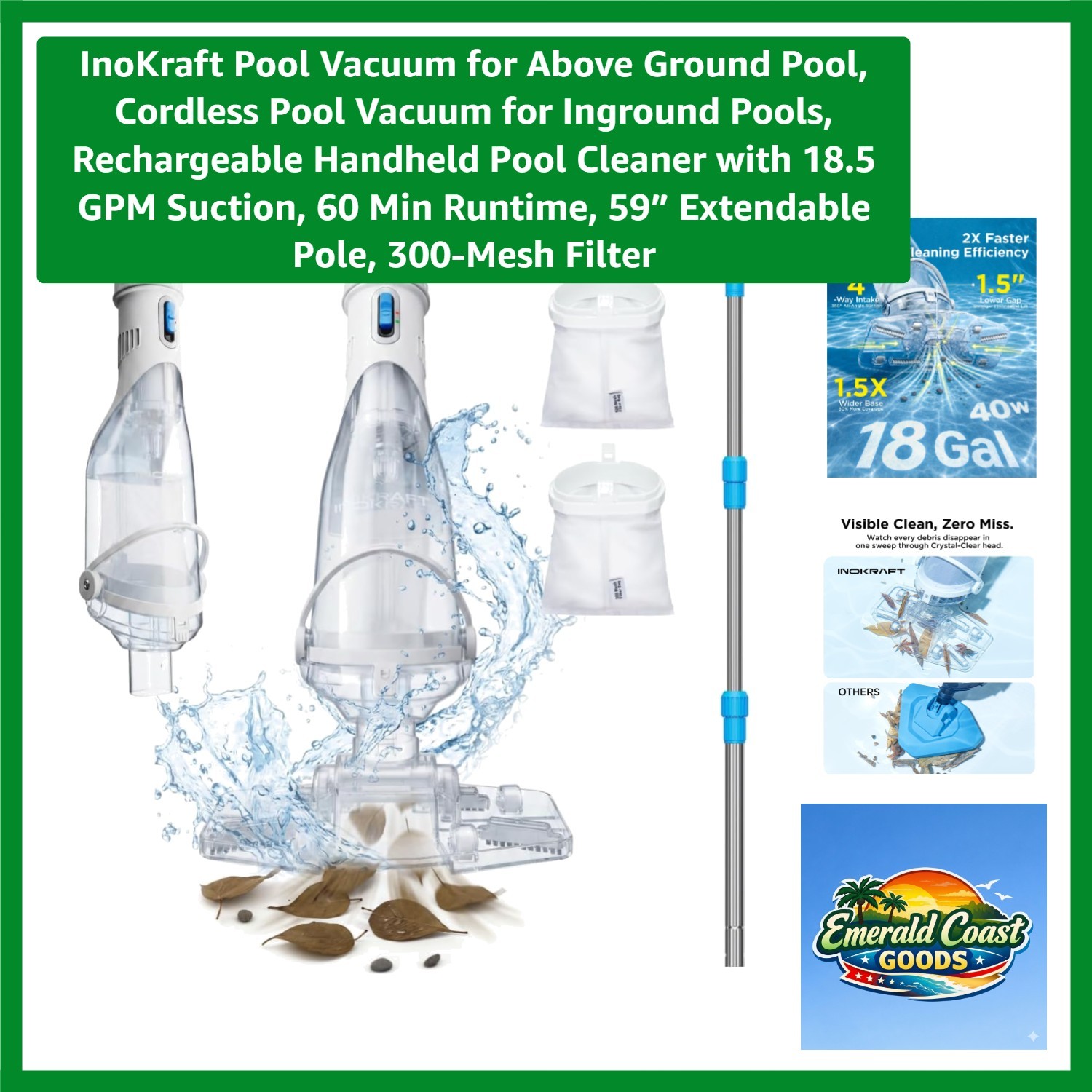 Rechargeable Handheld Pool Cleaner with 18.5 GPM Suction & 59” Extendable Pole
