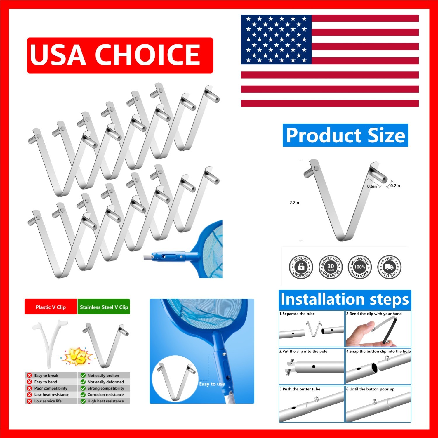 Compact Stainless Steel V-Clips – Universal Design for Pool Tools & Equipment