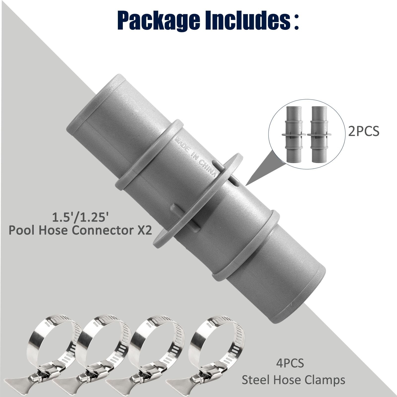 Pool Hose Connector 1-1/4&Prime; or 1-1/2&Prime;, Fit both Grey-2PCS
