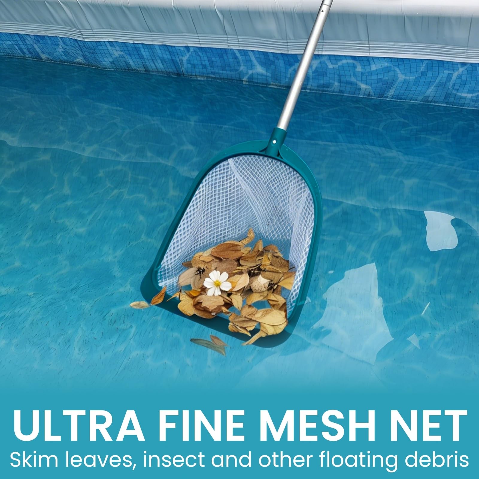 Pool Skimmer Net with Adjustable 48&Prime; Aluminum Pole, Fine Mesh Medium-Depth Ne…