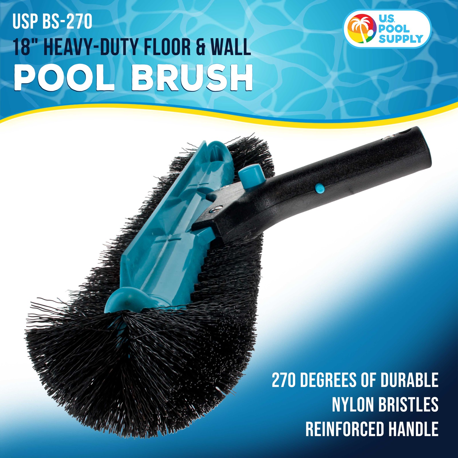 18&Prime; Heavy-Duty Floor & Wall Pool Brush, 270 Degrees Bristles – Reinforced Handle