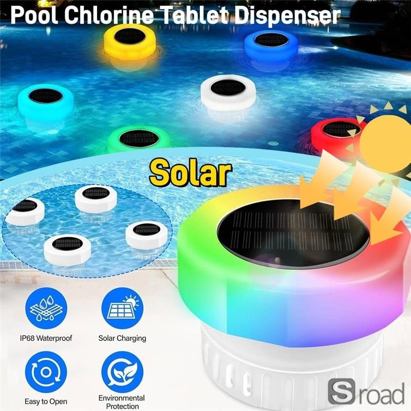 Solar Powered Pool Chlorine Floater With LED Lights Automatic Tablet Dispenser