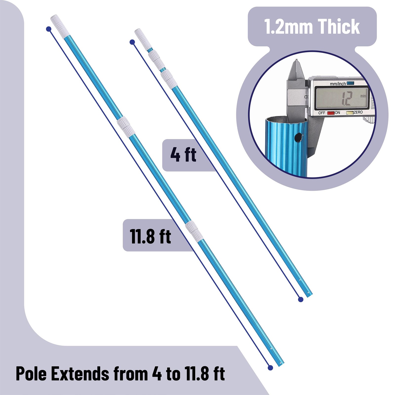Telescopic Pool Pole 12ft Adjustable 3Piece Cleaning Brush Tool