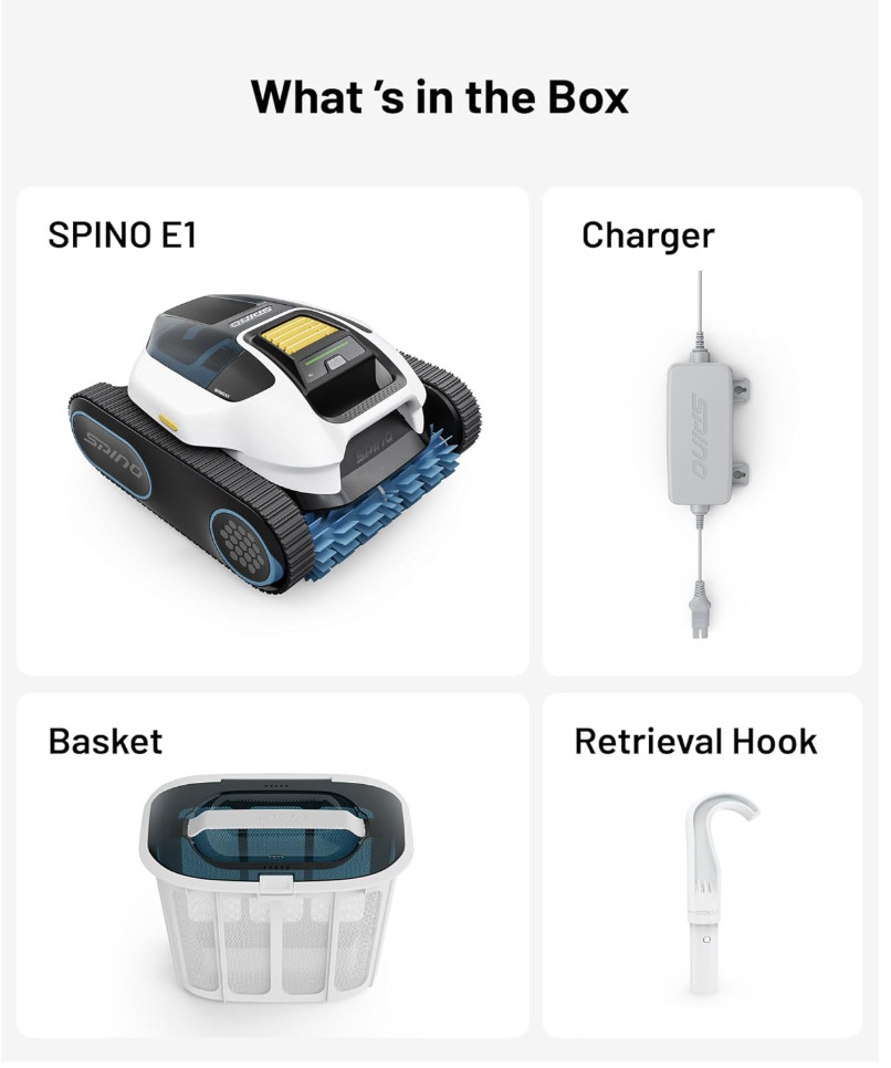 Spino E1 Cordless Robotic Pool Cleaner Wall & Waterline 1600 Sq Ft 210min App