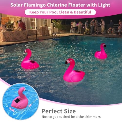 Solar Pool Chlorine Floater, Flamingo Chlorines Floater with Light, 11 in Red