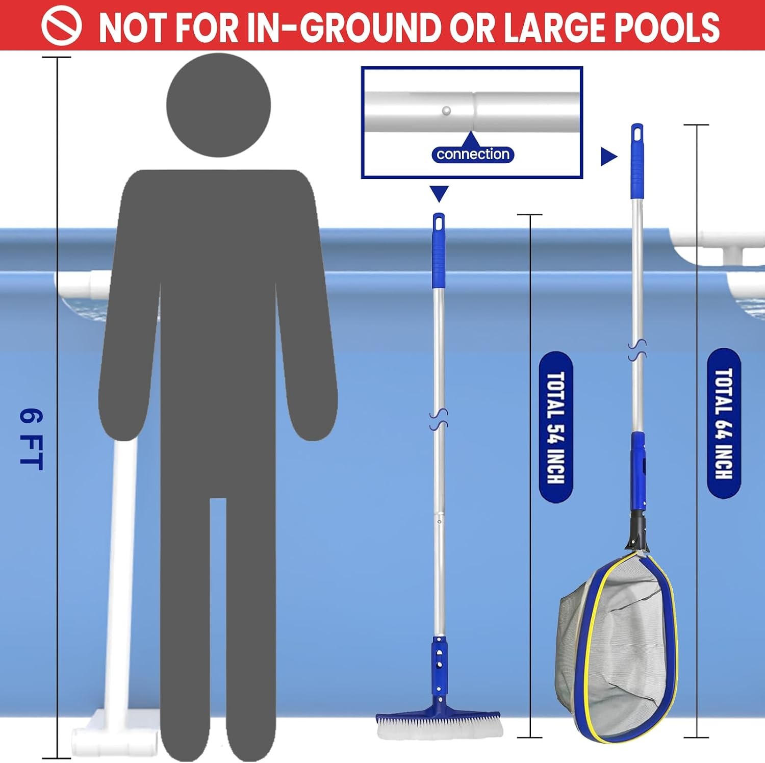 Poolvio Pool Cleaning Kit: 14&Prime; Brush, 50&Prime; Pole & Skimmer Net