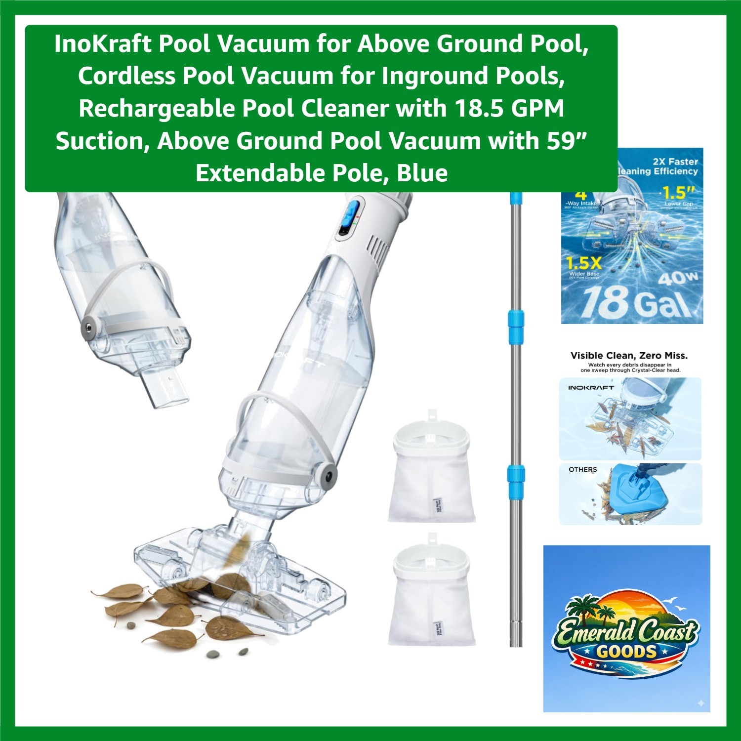 Cordless, Rechargeable Pool Vacuum Cleaner – 18.5 GPM Suction, Extended