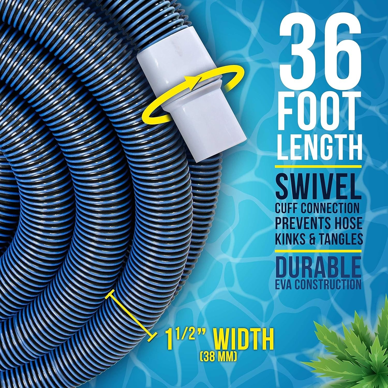 Heavy Duty Pool Hose 36 ft 1-1/2&Prime; EVA Kink-Free Swivel for Inground