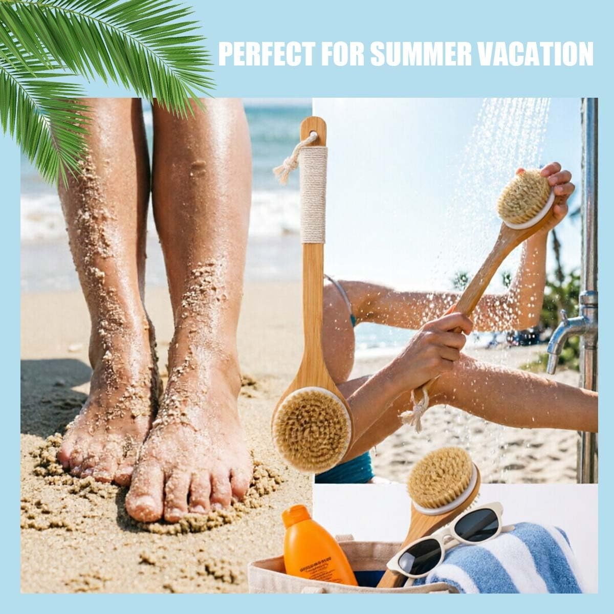 Long Handle Bamboo Body Brush, Soft Bristles for Shower Back & Feet, Beach Sa…