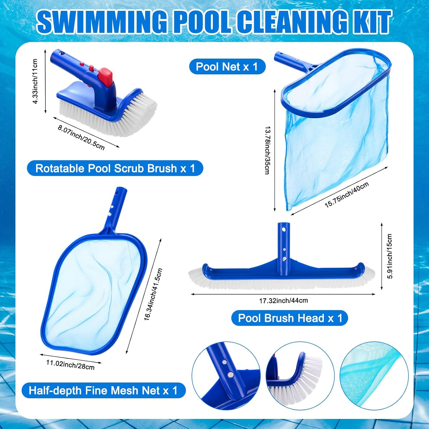 5 Pack Deluxe Swimming Pool Cleaning Kit with Vacuum, Brushes, and Nets