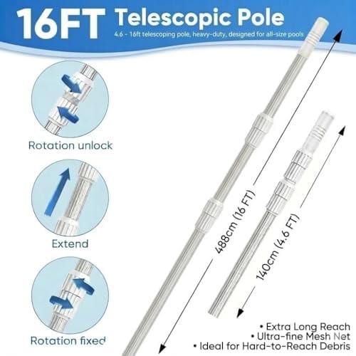 Pool Pole Telescopic, 16 FT Pool Skimmer Pole, Adjustable 3 Piece Aluminum Po…