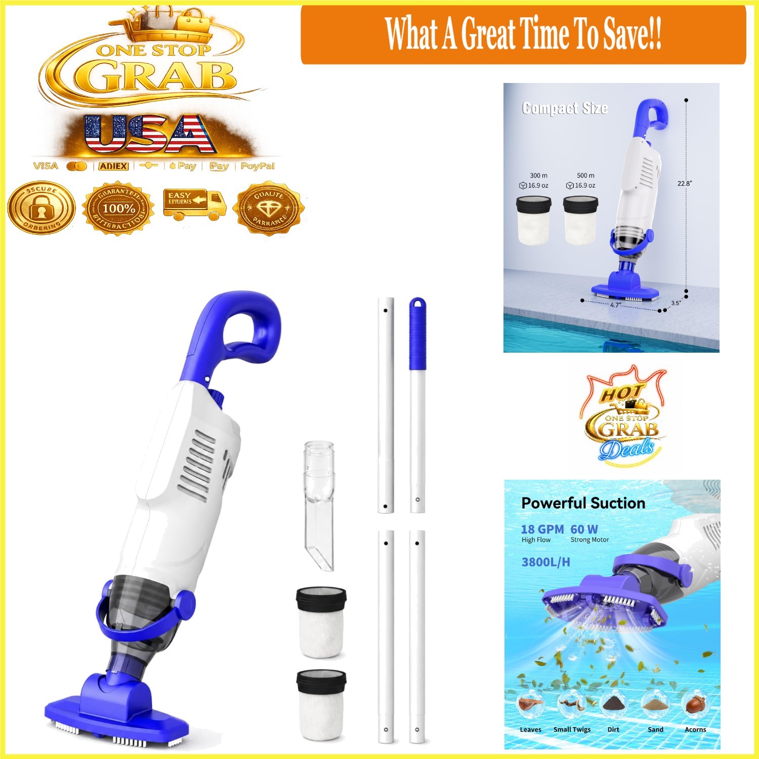 2026 Upgraded Cordless Pool Vacuum 18 GPM Suction 3-Head Cleaner White